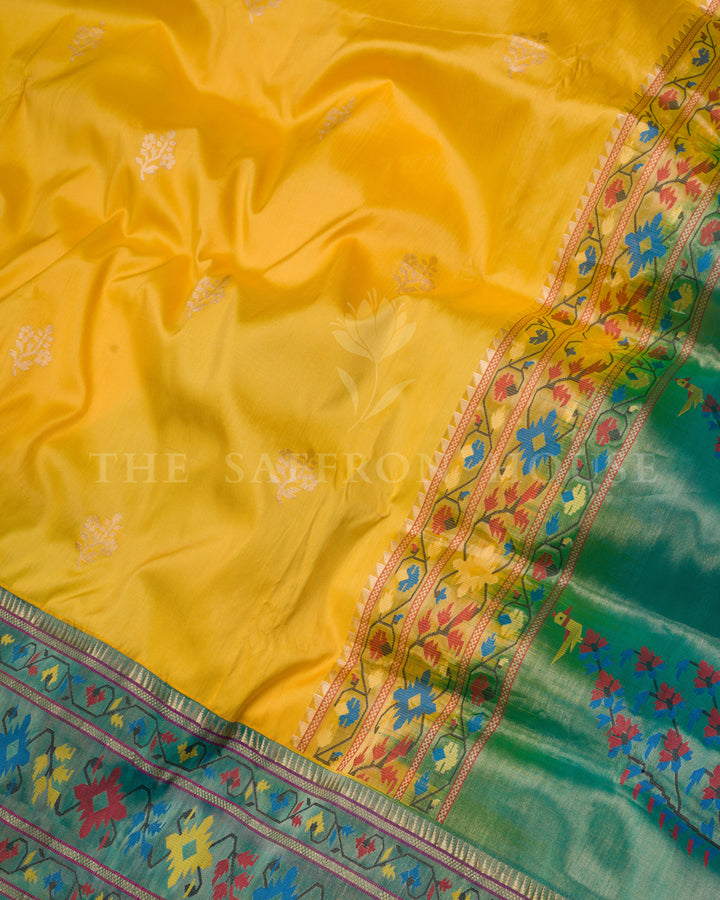 Yellow And Green Katan Banarasi Silk Saree – The Saffron House