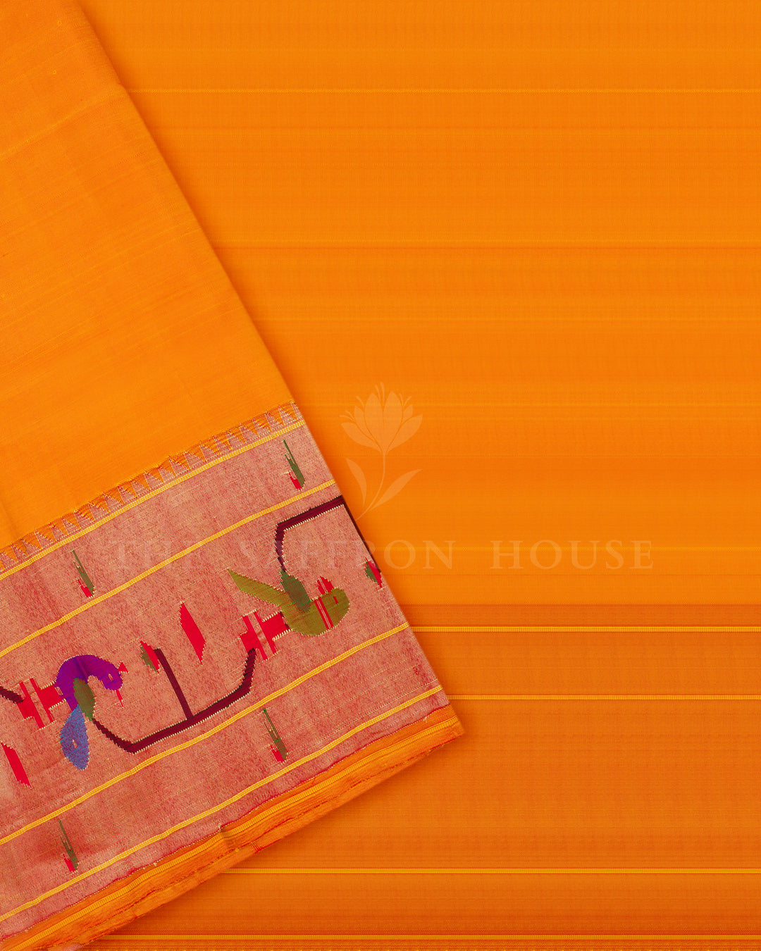 Yellow And Burnt Orange Handwoven Paithani Saree – The Saffron House