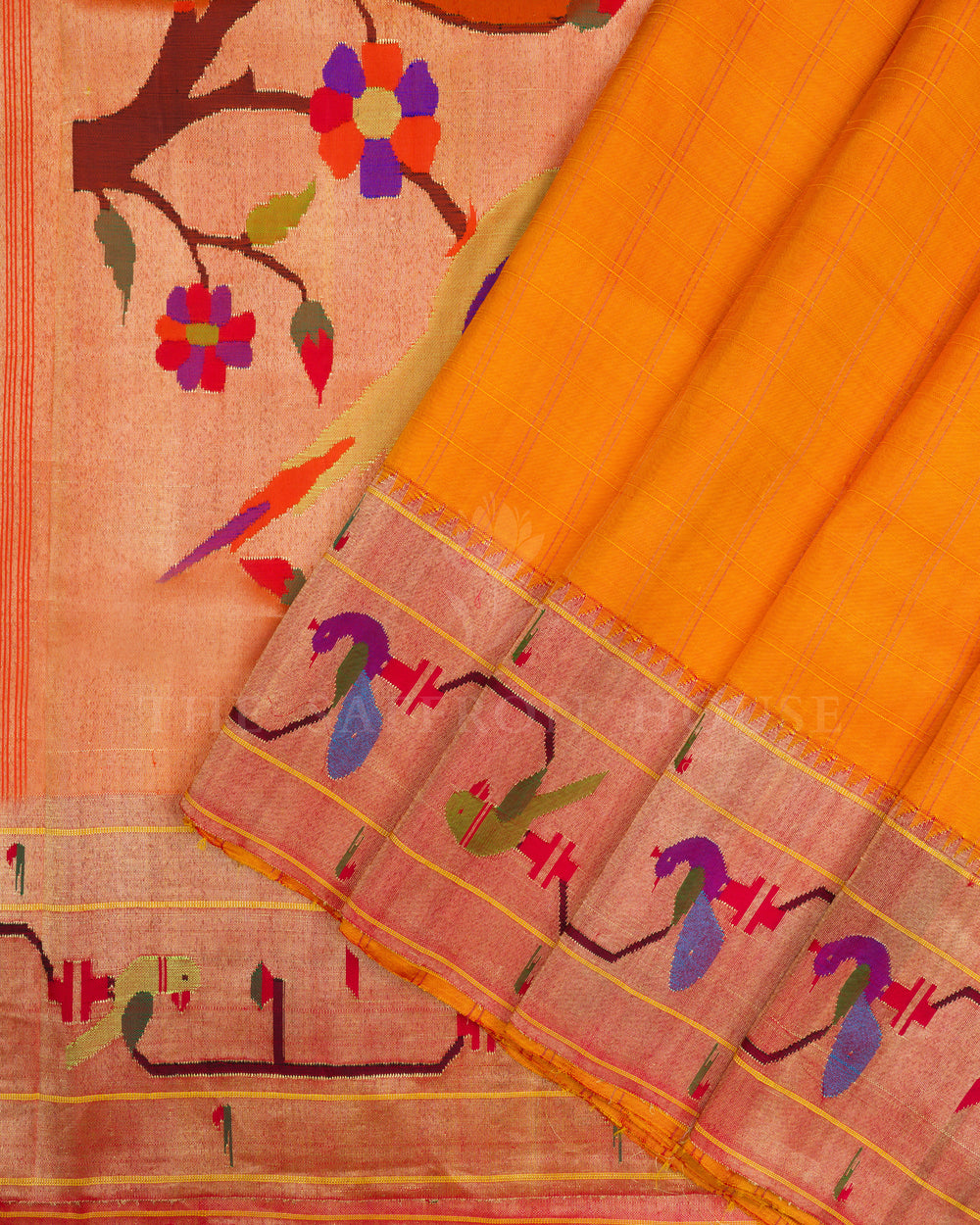 Yellow And Burnt Orange Handwoven Paithani Saree – The Saffron House